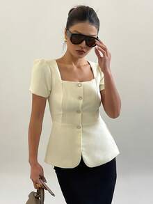 DAZY 女士泡泡袖收腰纯色方领纽扣短袖衬衫夏季 - 白色 - 查看 4