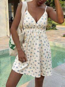 DAZY 沙滩派对度假装夏季白色碎花纹理束腰系带女士迷你连衣裙 - 白色 - 查看 7