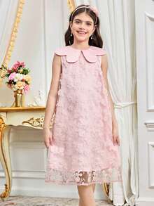 SHEIN 少女宽松优雅波浪领无袖纹理中长连衣裙 - 淺粉色 - 查看 3