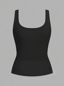 SHEIN CURVE+ 2件套加大码女式休闲圆领褶皱腰身修身背心套装，日常百搭 - 黑色 - 查看 6