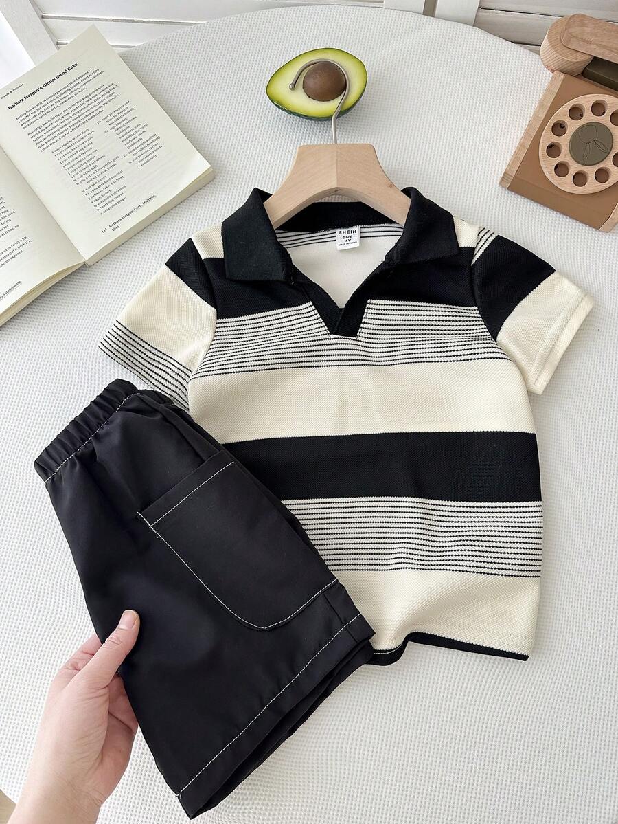 SHEIN 两件套男童休闲条纹polo衫和白色短裤套装，适合上学、生日派对、庆典、婴儿派对等场合。