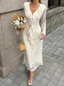 Livesso Lace Ruffle Waist Midi Dress For Women