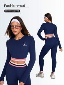 Dewbera Dewbera 2pcs Women's Navy Blue And White Workout Sets,Seamless Autumn Athleisure,Long Sleeve Crop Top And High Waist Leggings,Contrast Stripe Gym Sportswear - Royal Blue - View 5
