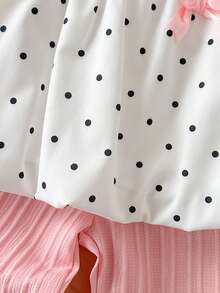 SHEIN 两件套女婴波点印花粉色蝴蝶结装饰无袖吊带背心+松紧腰条纹喇叭裤，裤脚带荷叶边，适合夏季休闲外出或旅行 - 粉色 - 查看 9