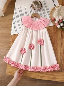 SHEIN LMoss Kids 少女撞色荷叶边碎花休闲连衣裙 - 黑與白 - 查看 7