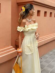 Selianne 可爱黄色荷叶边露肩收腰中长连衣裙 - 甜美优雅，适合度假、日常出行和聚会，女士春夏连衣裙 - 黃色 - 查看 3