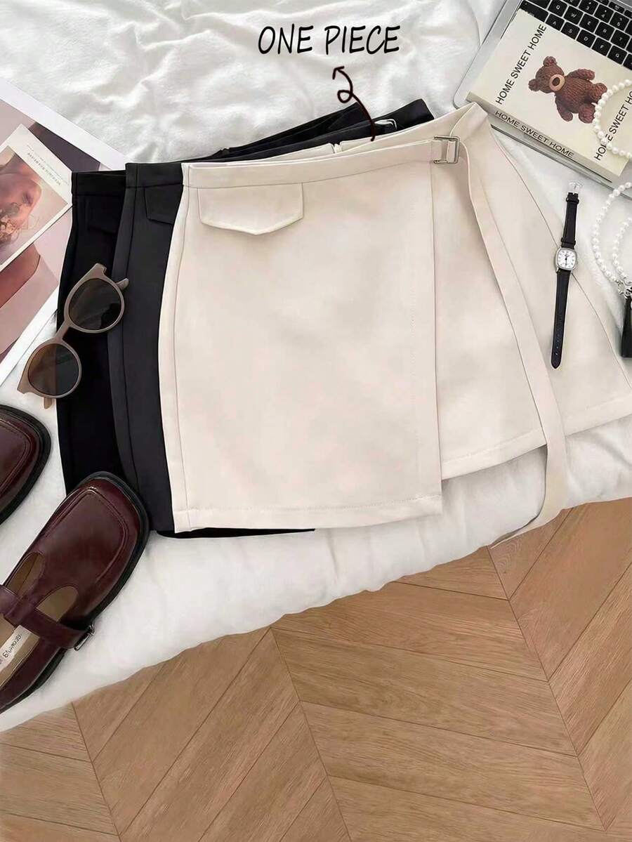 SHEIN LUNE Women's Black And White Chic Autumn High-Waisted Asymmetrical A-Line Mini Skirt,Back-To-School School Style Metal Buckle Professional Wear - Apricot - View 1