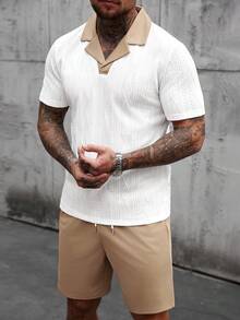 Manfinity CasualCool 男士夏季休闲撞色纹理 Polo 衫和短裤套装 - 彩色 - 查看 6