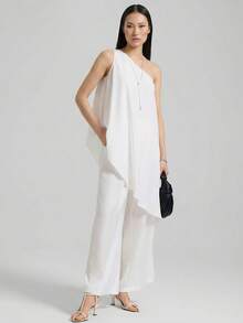 Ontre Bộ quần áo nữ 4 mùa Thu/Đông 2025: Trang phục mùa thu, trang phục mùa đông, trang phục đi học, trang phục Halloween, trang phục Giáng sinh, trang phục giáo viên, trang phục đi chơi tối - Áo lệch vai không tay & quần nữ, trang phục công sở thường ngày. - trắng - Xem 5