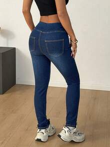 SHEIN PETITE PETITE Summer And Spring Women's Fashion Casual Elastic Cross-Over Waistband Design Comfort Knit High-Stretch Skinny Denim Jeans - Medium Wash - View 2