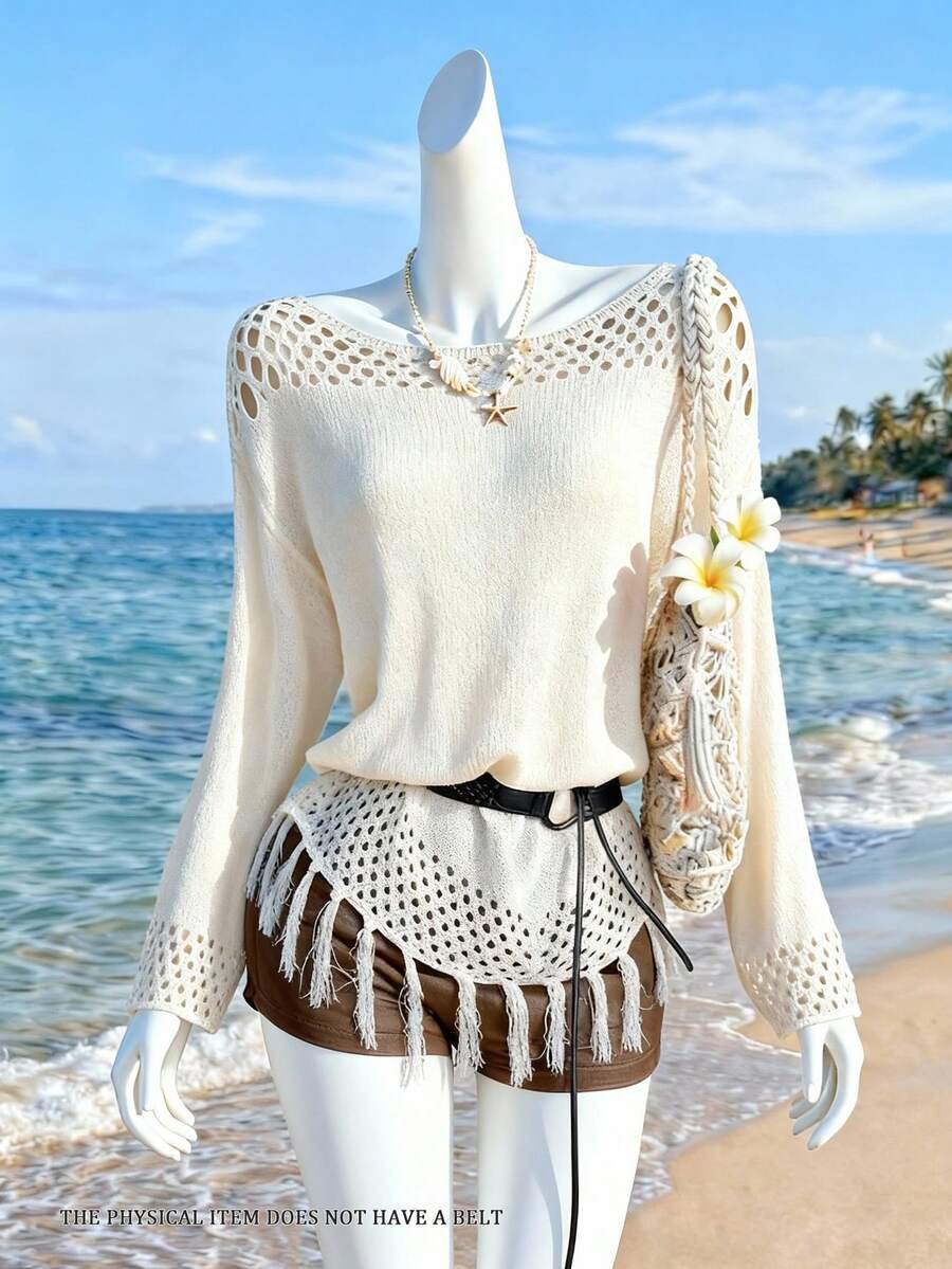 GlowEve Asymmetrical Fringe Hem Hollow Out Long Sleeve Knit Blouse For Women, Spring/Summer - Apricot - View 1