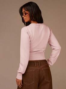 Athîral Pull tricoté décontracté à manches longues de couleur rose pour femmes, Top découpé, Top ajouré, vacances pour femmes, tenue de villégiature pour femmes, printemps pour femmes, été, vacances de printemps, carnaval, pull en tricot rose, Top rose pâle, pull court, Saint-Valentin, anniversaires pour femmes - Rose pâle - Voir 2