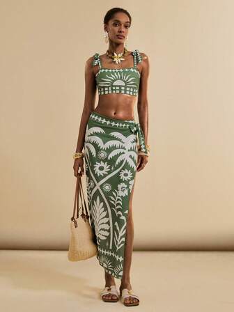 SHEIN Veneréa 3件套女士夏季度假植物图案橄榄绿系带比基尼套装和沙滩长裙泳装