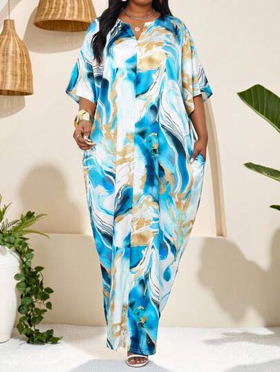 SHEIN Lady Plus Size Colorblock Print Short Sleeve Dress