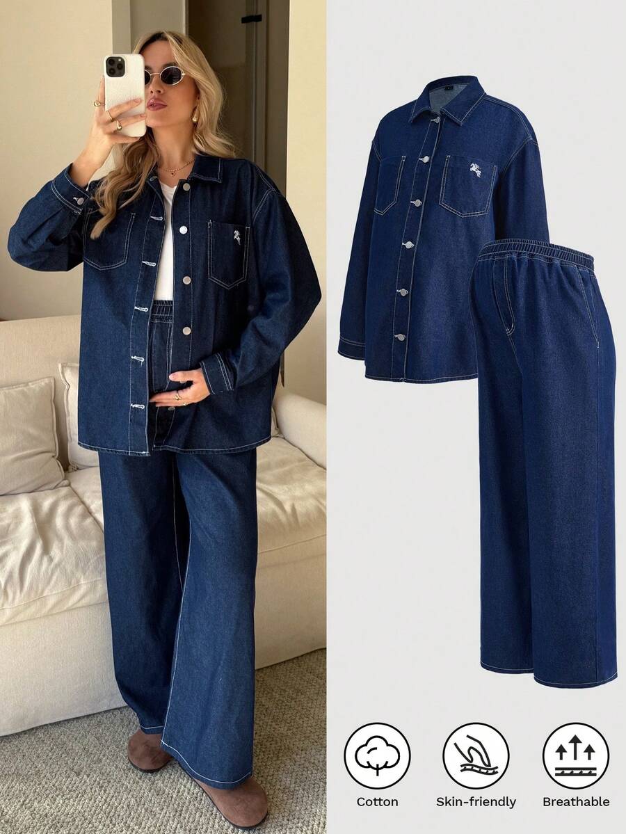 MaterniWear 2pcs Maternity Casual Denim Shirt And Pants Set Valentine's Day Vacation Outfits Women Carnaval Summer Spring Commuting Graduation Chic Y2k Cute Streetwear Party Wedding Elegant Business Casual Woman - Blue - View 1