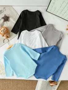 SHEIN Playful Pals 5件套男女宝宝多色长袖连体衣，适合日常穿着、外出、居家、度假、聚会，适合春、夏、秋季，男女宝宝轻薄长袖T恤，中性婴儿服装，男女宝宝套装，新生儿服装 - 彩色 - 查看 2