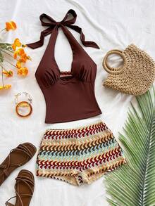 Soleia Bộ đồ đi nghỉ mát 2 món dành cho nữ: Áo croptop buộc dây cổ màu nâu dệt kim và quần short cạp cao kẻ sọc nhiều màu sắc kiểu vintage, trang phục thường ngày cho bãi biển, du thuyền, du lịch đường bộ, lễ hội âm nhạc, tiệc tùng, phong cách Boho, Hippie, phương Tây, có thể mặc trong nhà hoặc ngoài trời, phù hợp cho mọi mùa, đi làm hàng ngày. - Nhiều màu - Xem 3