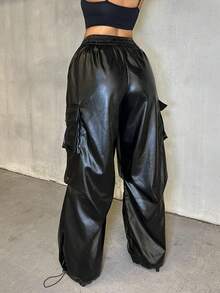 Dayanna Comas Women's Fall/Winter Streetwear Going Out Y2K Rapper Basic Athleisure Leather Black Cargo Pants - Black - View 2