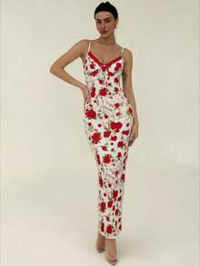 Aloruh Damen Valentinstag Spitze Patchwork Rose Muster Kleid - Rot - Übersicht 4