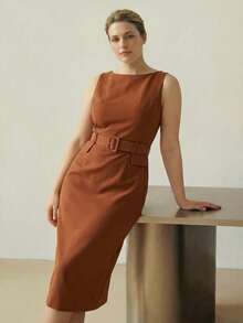 MOTF PREMIUM PLUS ELEGANT BOAT NECK SLEEVELESS STRAIGHT MIDI DRESS - Brown - View 4