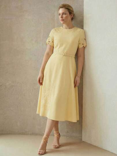 MOTF PREMIUM VESTIDO DE TALLA GRANDE PARA MUJER CON BORDADO FLORAL CORTADO CON LÁSER Y CINTURÓN, PRIMAVERA/VERANO