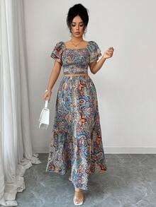 Elenzga 女士优雅时尚通勤休闲舒适迷人复古浪漫假日荷叶袖方领露脐上衣和A字迷你裙两件套 - 彩色 - 查看 4