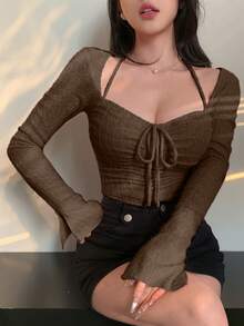 DAZY 女士纹理绒毛系带领口抽绳喇叭袖粉色长袖上衣，秋冬Y2K风格 - 棕色 - 查看 4