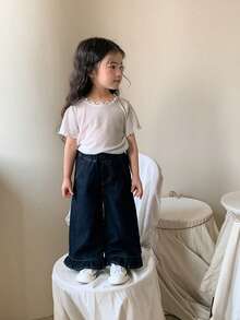 DAZY Toddler Girls' Casual Washed Vintage Korean Style Versatile Ruffle Hem Loose Wide Leg Jeans - Dark Wash - View 4
