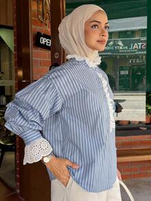 DAZY Lace Patchwork Striped Women's Vacation Shirt - Blue - View 7