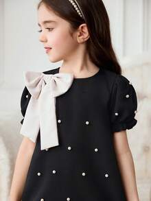 Elladie kids 1 chiếc đầm công chúa mùa hè mới cho bé gái, cổ tròn, viền bèo nhún, tay áo nhăn phía trước, trang trí ngọc trai, nơ có thể tháo rời, kiểu dáng thanh lịch cổ điển, thường ngày. - màu đen - Xem 6