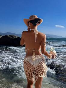 Opulessa Falda anudada de bufanda triangular de ganchillo hecha a mano con conchas y lentejuelas en estilo boho beige, elegante y de moda para verano, playa, vacaciones y fiesta - Albaricoque - Ver 2