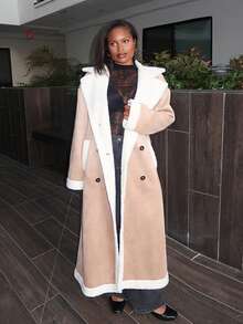 Tyla Gomez Women's Brown Plaid Plush Turn-Down Collar Double Breasted Coat In Fall/Winter - Khaki - View 6