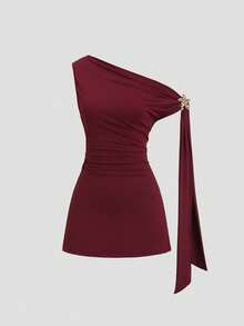 Sweetra 优雅法式浪漫不对称露肩修身喇叭裙摆金属花朵装饰系带腰身休闲性感约会之夜百搭连衣裙 - 酒紅色 - 查看 3