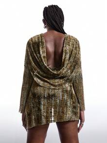 SHEIN EZwear 2025新款极简主义秋季性感褶皱露背垂褶领时尚迷你连衣裙，大码款式，适合返校、Y2K风格、街头派对、万圣节、女士派对等场合。 - 綠色 - 查看 3