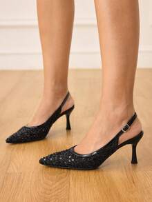 CUCCOO HITCHD Women's Fashionable Elegant Party Sequin Decorated Pointed Toe Pumps Valentine's Day - Black - View 4