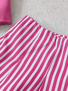 GlowEve 2pcs/Set Striped Asymmetrical Top & Striped Shorts - Hot Pink - View 5