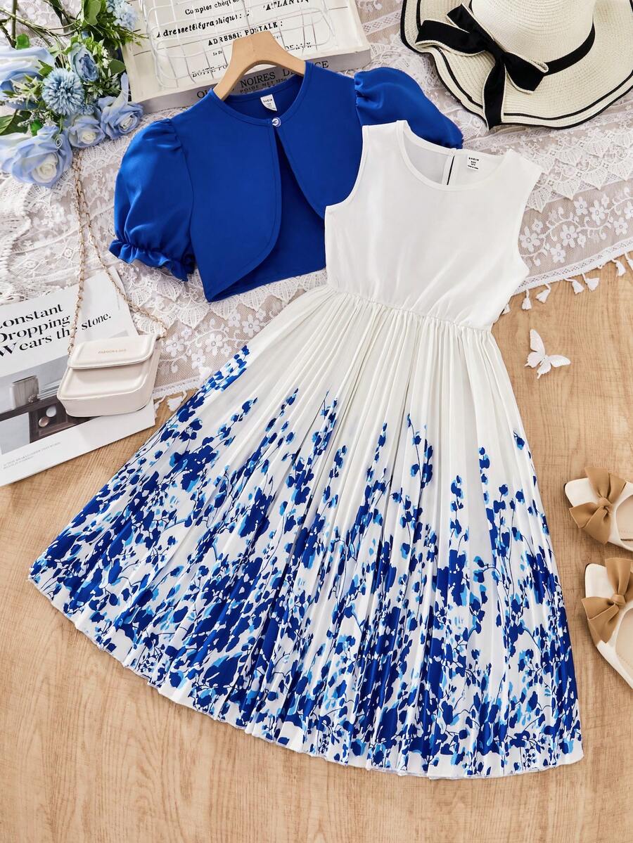 SHEIN Bộ 2 món cho bé gái tuổi teen, gồm váy xếp ly in hoa và áo khoác cardigan tay phồng, thích hợp cho ngày Valentine, kiểu dáng thanh lịch, mùa xuân/hè. - Nhiều màu - Xem 1