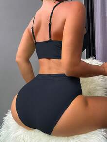 SHEIN Swim Summer Beach Plain Drawstring Front Bikini Black Bathing Suit - Black - View 2