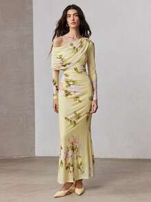 ZEYLAH Printed Fitted Bodycon Asymmetric Shoulder Dress, Spring - Yellow - View 4