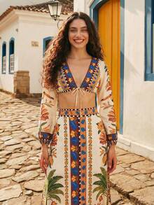 CAJUNI Women's Casual Tropical Resort Leopard, Coconut Tree, Parrot Orange Print V-Neck Long Sleeve Tie Front Crop Top, Elegant Blouse, Outerwear, Autumn, Boho Blouses, Resort Wear Women, - Orange - View 3