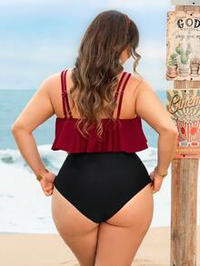 Swim Lushoire Plus Size Tankini Bikini Set Cerise Pink,Summer,Boho,Vacation,Holiday High Waisted Two Pieces Swimwear Printed Red Contrast Black Beachwear - Burgundy - View 2
