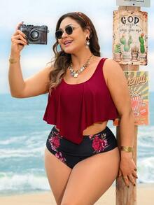 Swim Lushoire Plus Size Tankini Bikini Set Cerise Pink,Summer,Boho,Vacation,Holiday High Waisted Two Pieces Swimwear Printed Red Contrast Black Beachwear - Burgundy - View 6