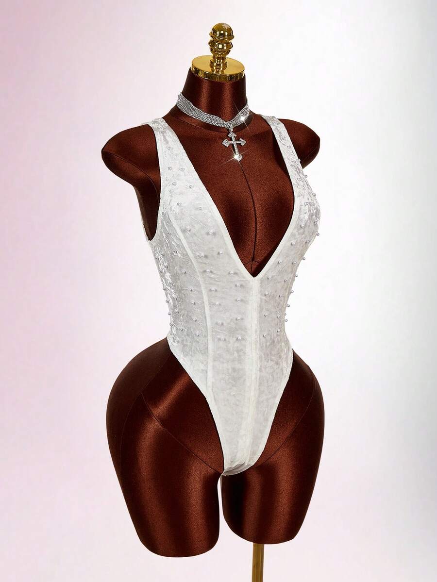 Amplova Áo liền thân gợi cảm thời trang cổ khoét sâu, màu trơn, đính ngọc trai giả dành cho nữ. - trắng - Xem 1