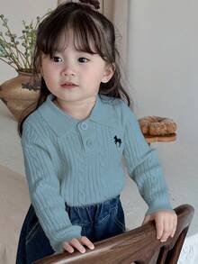 DAZY Toddler Girls' Solid Color Minimalist Everyday Polo Neck Long Sleeve Sweater - Blue - View 2