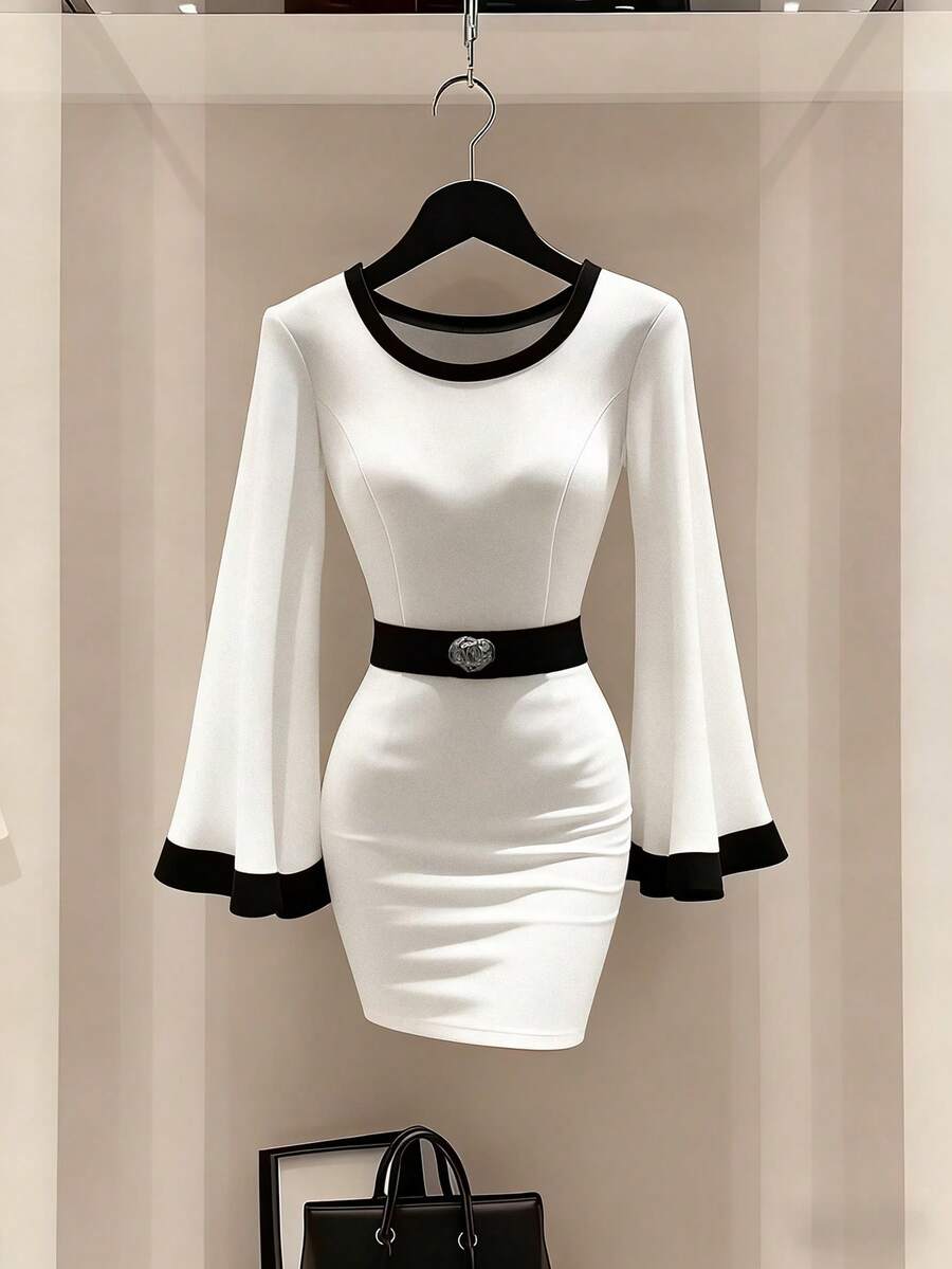 GlowEve Women's Long Sleeve Dress, Fashion Color Block Design Cinched Waist Minimalist, Metal Buckle Decor, Suitable For Daily Commute, Party, Spring/Summer - White - View 1