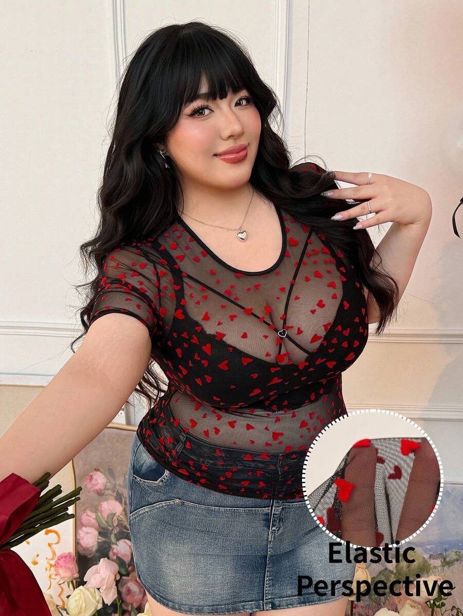 CovetEZ 女士加大码透视网纱弹力性感黑色上衣 - 紅色和黑色 - 查看 1