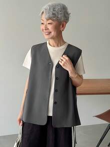 FRIFUL Women's Solid Color Tie-Up Bow Sleeveless Pleated Loose Casual Versatile Tank Top, Spring/Summer - Grey - View 3