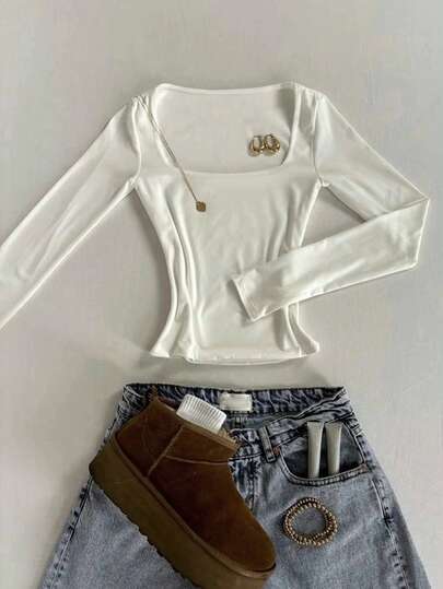 Glimmora Minimalist Fashion White Square Neck Slim-Fit Long-Sleeve T-Shirt Suitable For Spring, Summer, Fall, And Winter Fashion T-Shirt Stylish T-Shirt Gift For Siblings Gift For Sisters Gift For Mom Mother's Day Gift Casual Minimalist Fashion Top