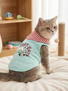 PETSIN 轻盈透气格子领结背心，带有可爱的 LAZYCAT 和 Kitty 印花，适合宠物狗，春夏季 - 彩色 - 查看 3