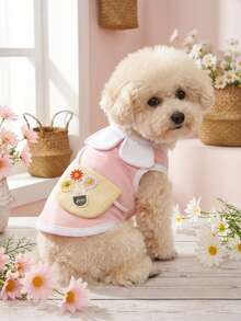 PETSIN 粉色可爱活泼风格轻盈时尚猫咪衣服，3D花瓣领设计向日葵编织吊带包猫背心，夏季宠物衣服宠物背心 - 彩色 - 查看 3